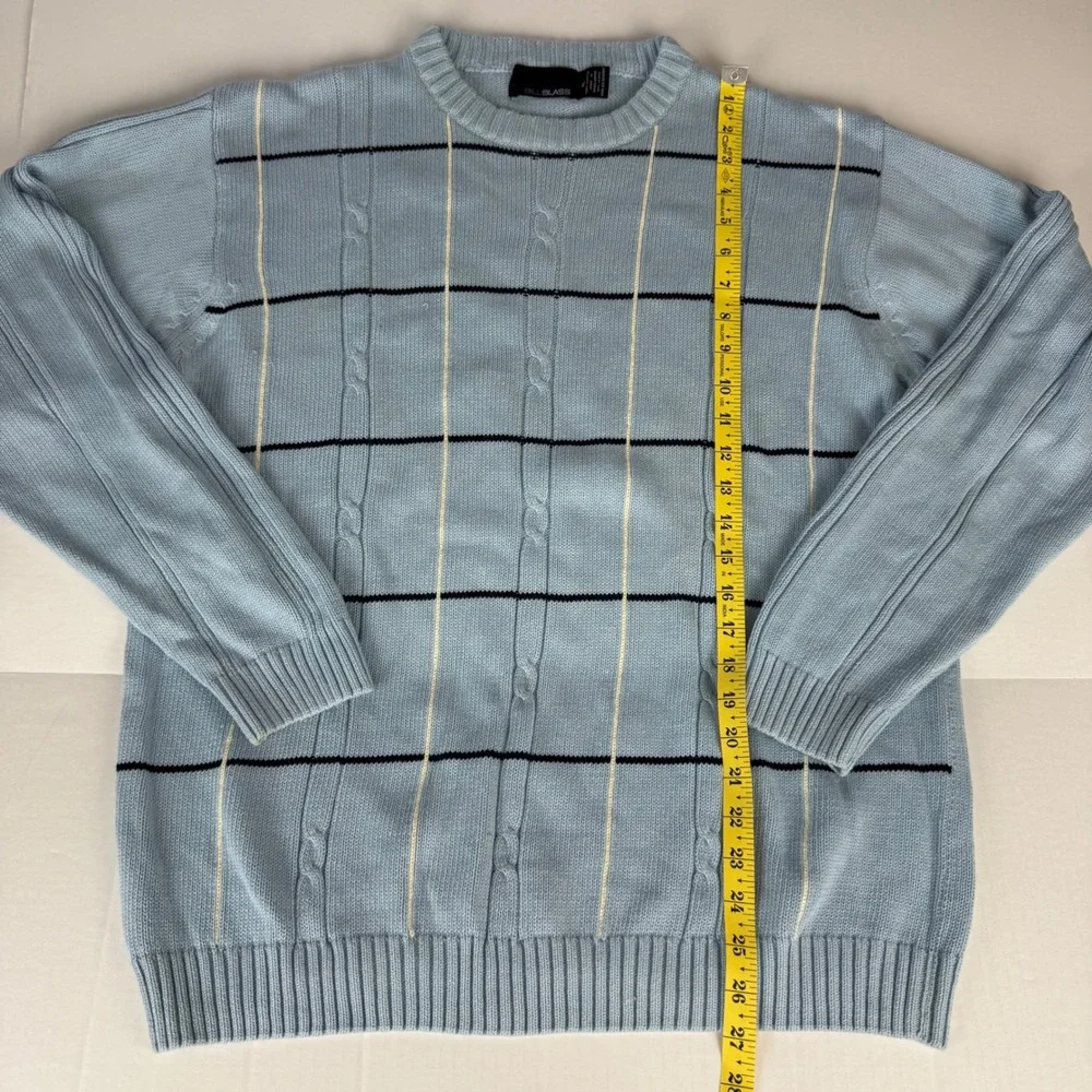 Bill‎ Blass Mens Light Blue Cotton Cable Knit Windowpane Crewneck Sweater XL